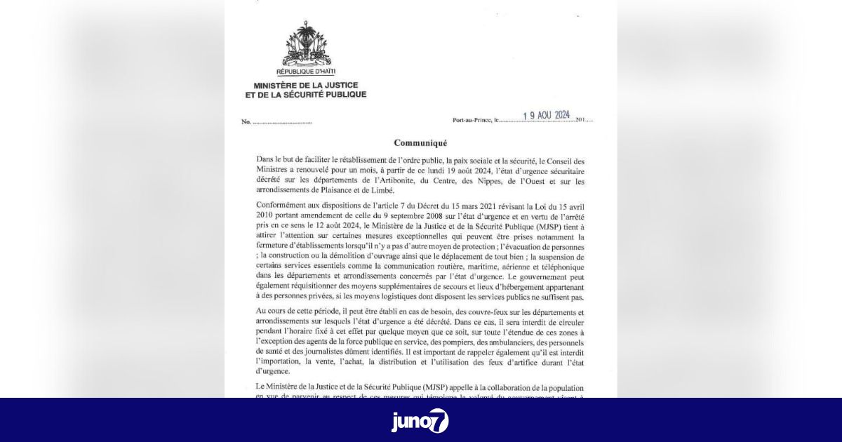 Le gouvernement haïtien prolonge pour un mois l’état d’urgence sécuritaire sur plusieurs départements